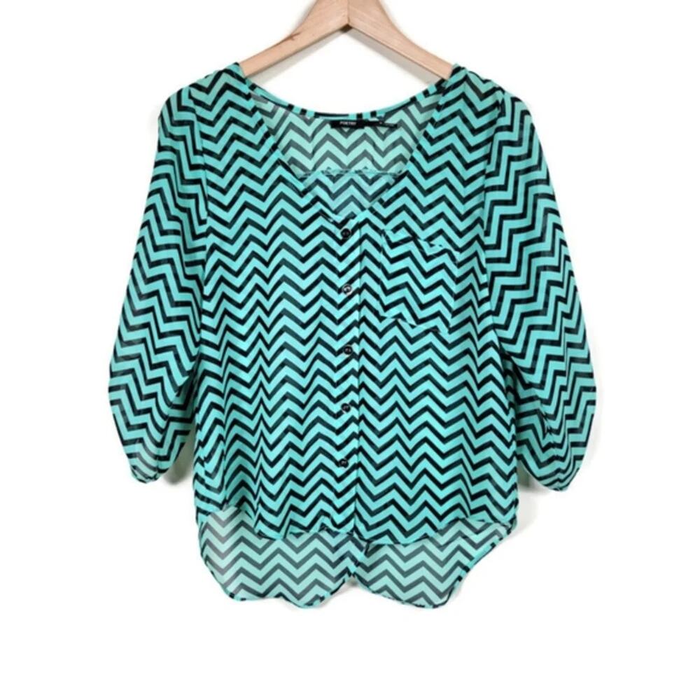 Poetry Sheer Geometric Blouse Green Black Boho Lightweight Top Women Size M